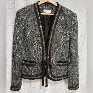 Vintage Tweed Woven Blazer Ruffle Edges Front Tie Browns with Turquoise Size 12